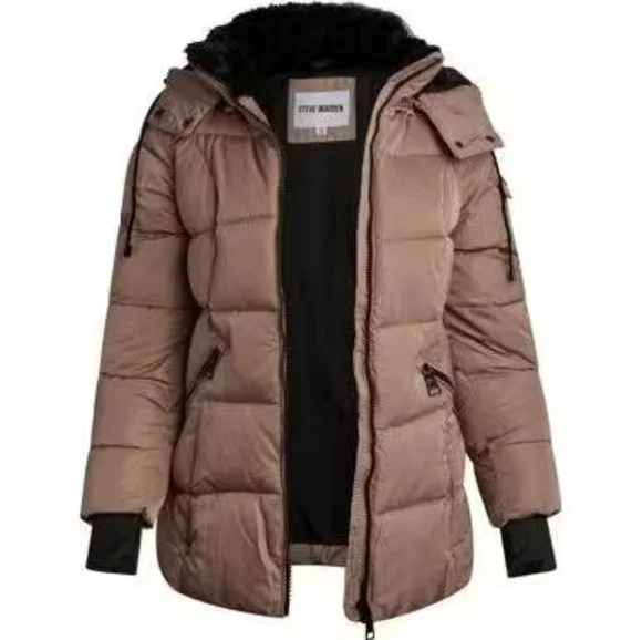 Steve Madden Faux-Fur-Lined Hooded Puffer Coat Tan With Black Size Large - Picture 1 of 12